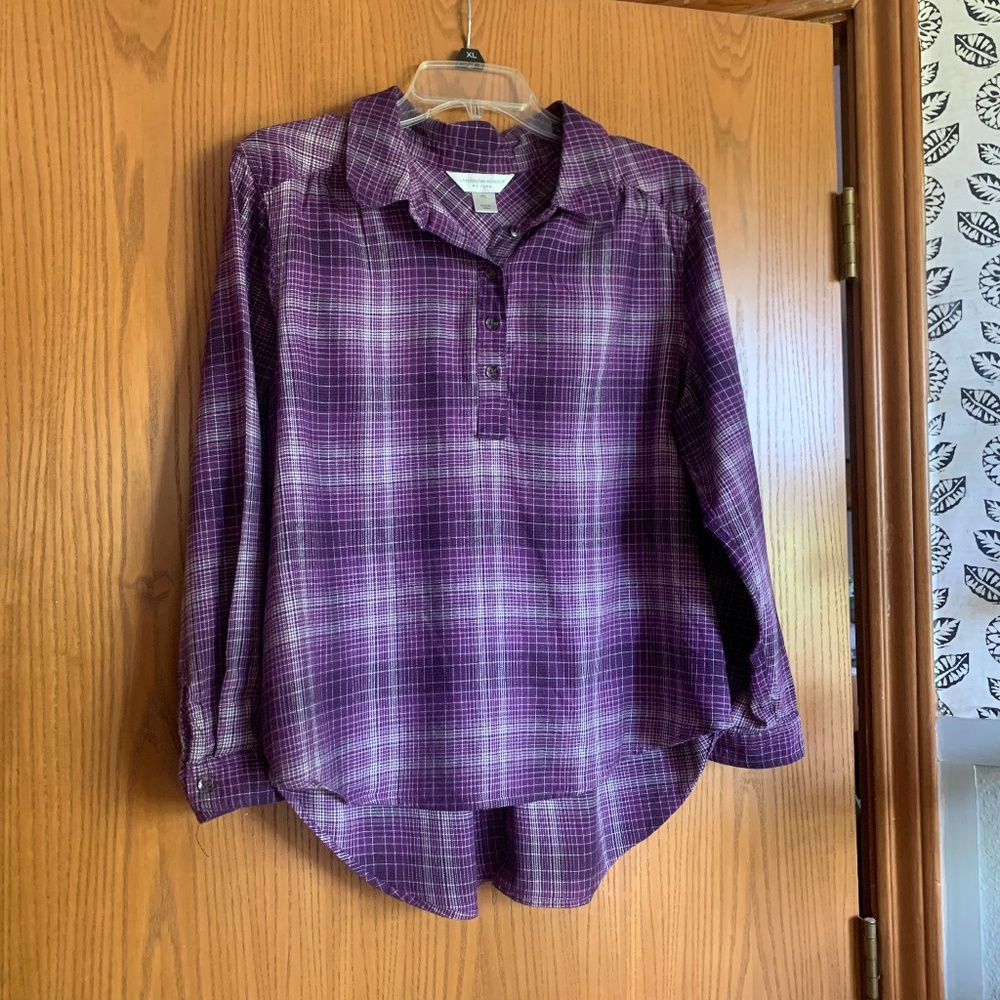 Christopher & Banks Purple Plaid Blouse L Long Sleeved Button up.